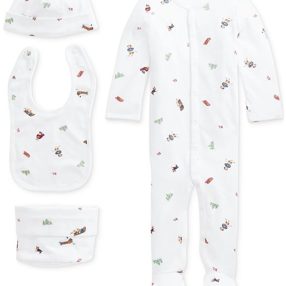 $75 Ralph Lauren Polo Bear Baby Infant Hat Bib Coverall 4-pcs Gift Bag Set 6M - Picture 2 of 4